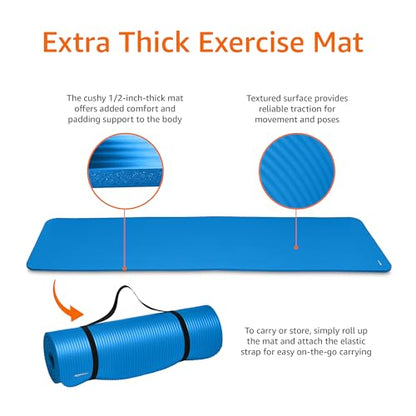 Amazon Basics Extra Thick Exercise Yoga Mat with Carrying Strap - color: 블루., style: 1.3cm(1/2인치)