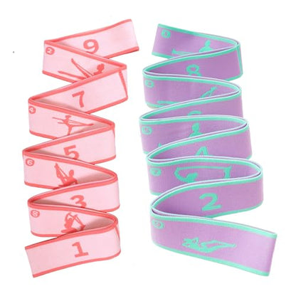 2 Pack 9-Loop Stretch Strap with Pose Guide Pattern, Elastic Yoga Band for Dance, Pilates, Gymnastics, Flexibility Exercise, Kids Workout Training, Youth Ballet Belt - color: Purple+Pink