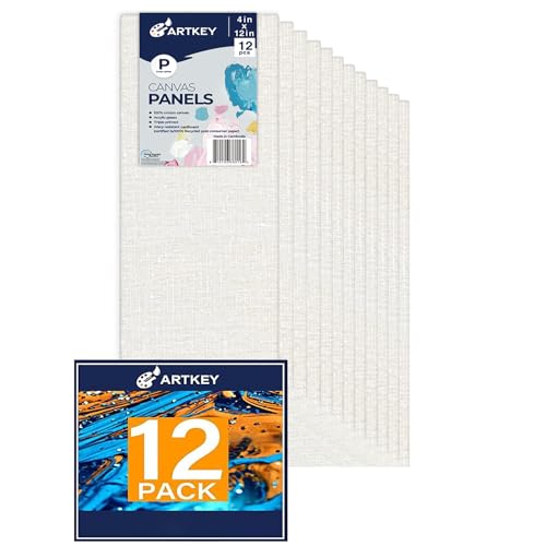 Artkey Canvas Panels 4x12 Inch 12-Pack, 10 oz Primed 100% Cotton White Blank Canvases for Painting, Flat Canvas Boards for Oil Acrylics Watercolor & Tempera Paints - size: 4"x12", style: 12-Pack