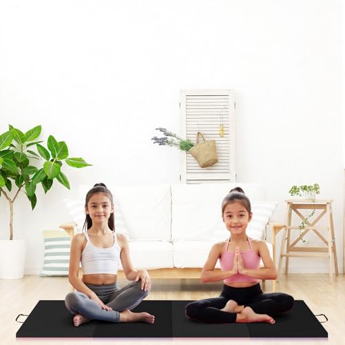 Superior Thick Folding Gymnastics Mat - 6.2x2.6ft, 2-Inch Foam, 5-Panel High-Density Exercise Tumbling Pad with Leather Surface, Carry Handles, Home Gym, Yoga, Pilates, Aerobics, Martial Arts - color: Black, size: 6 x 2 ft Four-Fold