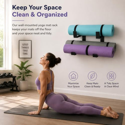 Yoga Mat Holder Wall Mount, 2-Pack Home Gym Storage Rack | Space-saving wall organizer stores yoga mats, foam rollers, and resistance bands for home gyms, studios, and workout spaces.