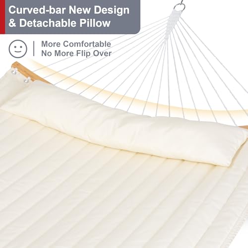 Outdoor Hammock with Stand Included, Two Person Hammock, Beige | Heavy Duty Hammock with Curved Spreader Bars, Pillow, Safety Ropes and Portable Carring Bag, Large Hammock, Max 450 Lbs - color: Beige