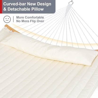 Outdoor Hammock with Stand Included, Two Person Hammock, Beige | Heavy Duty Hammock with Curved Spreader Bars, Pillow, Safety Ropes and Portable Carring Bag, Large Hammock, Max 450 Lbs - color: Beige