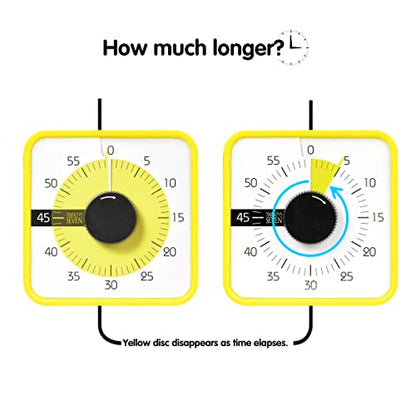 TWENTY5 SEVEN Countdown Timer 7.5 inch; 60 Minute 1 Hour Visual Timer – Classroom Teaching Tool Office Meeting, Mechanical Countdown Clock for Kids Exam Time Management Magnetic, Yellow - color: Yellow
