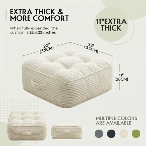 11" Thick Washable Floor Pillow for Adults, Yoga & Meditation Cushion with Handle, Square Large Pillows Seating with Removable Tufted Corduroy Cover for Tatami Living Room Board Games, Cream - color: Cream