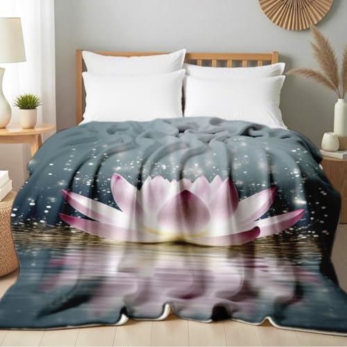 Lotus Flower on Water Print Blanket White Floral Throw Blanket Zen Flannel Throw for Couch Bed Office Yoga Room Meditation Spa Decor Gifts (49"x59") - color: Pink, size: 49"x59"