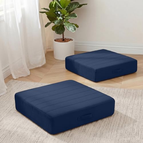 MeMoreCool 22 Inch Square Floor Pillows for Adults, 2 Pack Navy Cushions | Set of 2 navy washable tufted floor cushions, thick foam seats for yoga, meditation, den - color: Navy Blue, size: 22 Inch