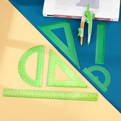 Zonon 1 Set Plastic Geometry Math Set 7 Pcs Includes 6'' / 4 '' Protractor, Drawing Compass, 45/60 Degree Triangle Rulers, 12'' / 6'' Math Ruler Transparent for Office Supplies(Green) - color: Green