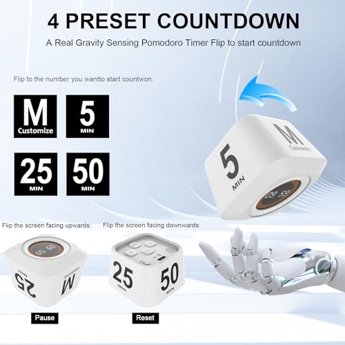 Rotating Cube Visual Pomodoro Timer 5, 25, 10, 50 Min Preset+Custom Mode | Rechargeable Desk Productivity Flip Countdown Timer, On/Off, Detachable Silicone Case, Ideal for ADHD Tool Study Work School - color: White