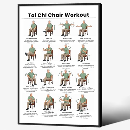 Tai Chi Chair Workout Wall Art Senior Exercise Chart Poster Modern Yoga Poses Canvas Prints For Home Yoga Studio Office Apartment Wall Decor 16x24 Inch Aluminum Framed - color: Green, size: 24"L x 16"W, style: Aluminum Framed