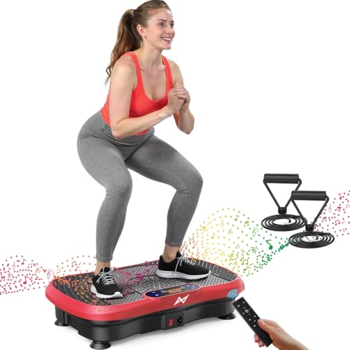 AXV Vibration Plate Fitness Platform Exercise Machine Body Vibrating Board | Curved Design Powerful 200W Bluetooth Oscillating Shake Plate for Lymphatic Drainage Recovery Whole Body Toning With Handles - color: BT.PRO.RED
