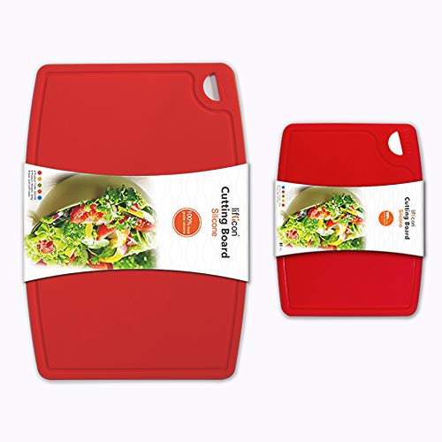 Liflicon Thick Silicone Cutting Boards for Kitchen Silicone Chopping Boards/Mats Set of 2 Extra Large14.6''x10.43'', Mini 9.1”x7.1” Non-slip Deep Drip Juice Groove, Dishwasher Safe-Red - color: Red, size: S+L