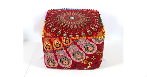 CRAFT KALA Large Hippie Mandala Meditation Floor Ottoman Pillow Cushion Pouf Cover Square Poufs Cover Bohemian Circle Floor Cushion Case Outdoor Fireplace Living Room Decor 20X20X14 inches, Red Mirchi - color: Red Mirchi, size: 20x20x14 inches