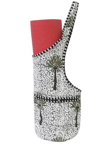INDIAN CRAFT CASTLE Yoga Mat Bag | Tote Mat Bag | Sling Yoga Tote w/Large Side Pocket & Zipper Pocket | Yoga Mat Carrier Fits Most Size Mats - color: White & Grey