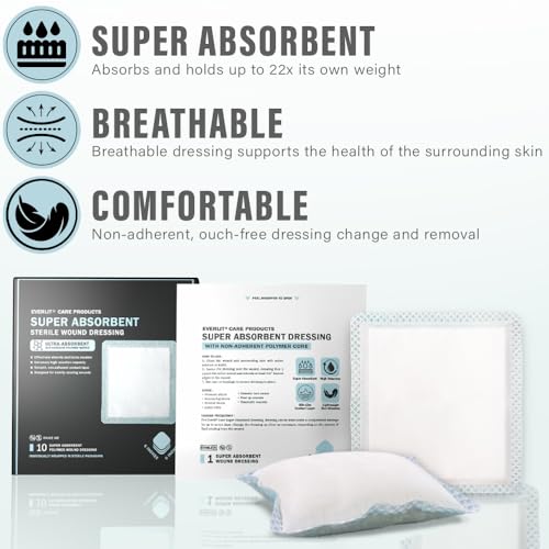 EVERLIT Super Absorbent Dressing for Wound Care | Nonstick Soft Surgical Gauze Pad for Heavily Exuding Wounds | Large Sterile Non-Adhesive Bandage for Fast Healing Wound Care | Pack of 10 (6" x 6") - size: 6" x 6"