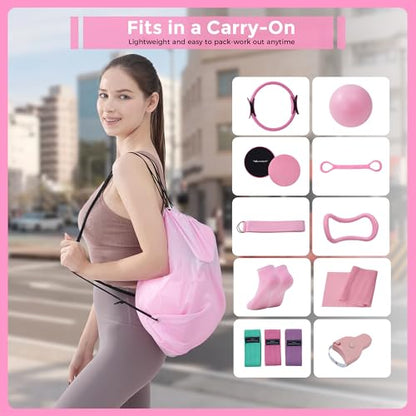 Home Pilates Kit Pilates Equipment Set for Women, Pilates Essentials Kit - color: Rose Pink - 11 Pieces Kit