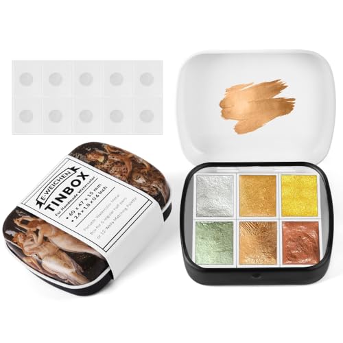 Art Supplies Handmade Watercolor Paint Set - 6 Metallic Gold Colors Half Pans Glitter Solid Water Color- Metal Case Sparkle Pearlescent Watercolour for Artists,White - color: Solid Pigments-white