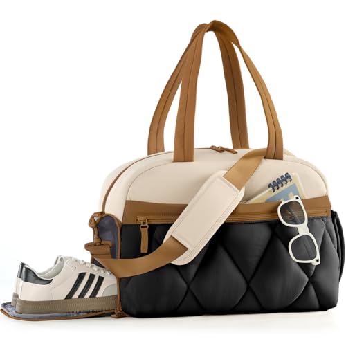 Women's Duffle Gym Bag, Carry-On Shoe Compartment for Weekender Overnight - color: Beige & Brown, size: Medium
