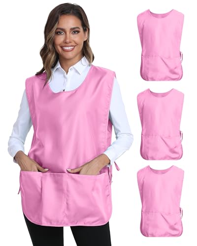 Unisex Cobbler Apron with 3 Deep Pockets, Smock Vest Apron | Multiple colors available, Blank No-Logo, Adjustable Drawstring & Side Ties, Applicable for Cooking, Kitchen,Garden, Cleaning - color: 3 Pack - Pink