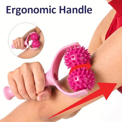 Handheld Spiky Massage Balls Rollers, 2 Wheel Spiky Silicone Manual Massage Roller with Ergonomic Handle, Portable Pressure Point Muscle Massages Tool for Foot Arm Body Neck Leg Pain Pressure Relief - color: Pink