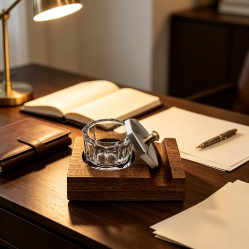 Ink Well for Dip Pen Wooden Calligraphy Pen Holder Oblique Nib Holder Glass Ink Bottle Container Desktop Tabel Decoration
