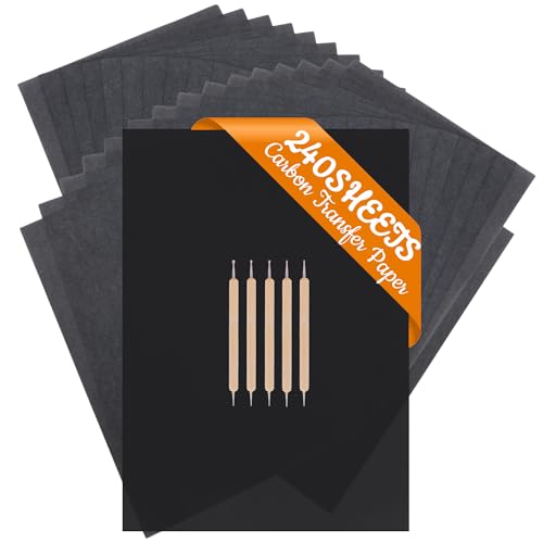 240 Sheets Carbon Paper for Tracing, A4 (8.3 x 11.7 Inch), Black | Graphite Transfer Paper, No-Smudge, 5 Embossing Stylus, For Wood, Fabric, Canvas, DIY Craft