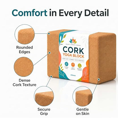 2 Pack Natural Cork Yoga Blocks, High Density Non-Slip Yoga Bricks for Pilates, Stretching, Balance and Flexibility Training - size: 9 x 6 x 3 Inch High Density
