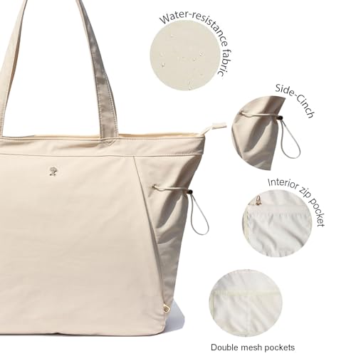 ESVAN Yoga Tote Bag for Women Shoulder Bags Drawstring for Office Workout Travel Carryall Pilates Gym and Beach - color: Beige