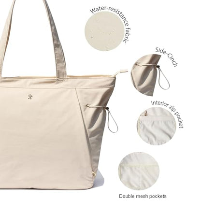 ESVAN Yoga Tote Bag for Women Shoulder Bags Drawstring for Office Workout Travel Carryall Pilates Gym and Beach - color: Beige