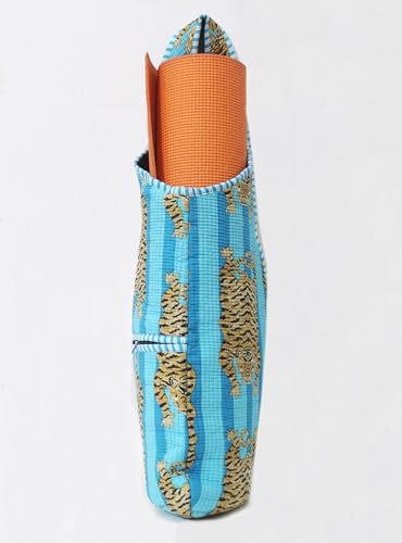 INDIAN CRAFT CASTLE Yoga Mat Bag | Tote Mat Bag | Sling Yoga Tote w/Large Side Pocket & Zipper Pocket | Yoga Mat Carrier Fits Most Size Mats - color: Aqua and Yellow