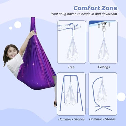 Aokitec Sensory Swing Kids & Adults, Double-Layer Indoor Outdoor Hammock | Therapy swing, Special Needs, Autism, Adjustable, Double-layer Polyester Holds 300LB, Swivel Hanger, All Hardware Included - color: Galaxy Purple