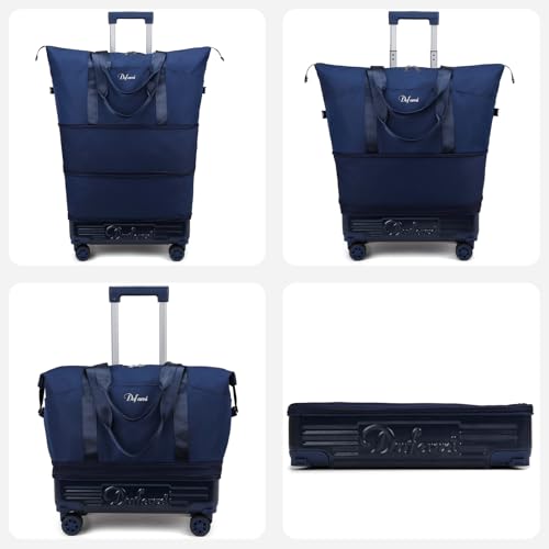 Expandable Rolling Travel Bag with Removable Wheels & Handle, Large Capacity Wheeled Duffle Tote, Foldable Carry On Luggage for Women, Lightweight Weekender Overnight Bag (DarkBlue) - color: DarkBlue
