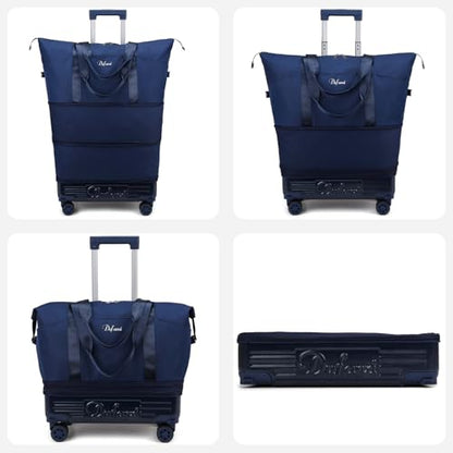 Expandable Rolling Travel Bag with Removable Wheels & Handle, Large Capacity Wheeled Duffle Tote, Foldable Carry On Luggage for Women, Lightweight Weekender Overnight Bag (DarkBlue) - color: DarkBlue
