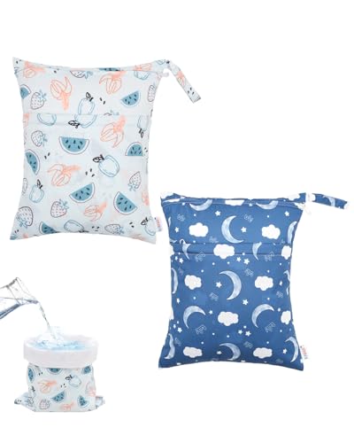 ALVA ALVABABY 2pcs Waterproof Wet Dry Bags,Reusable with Two Zippered Pockets,Baby Cloth Diaper,Travel,Beach,Pool,Daycare,Soiled Baby Items,Yoga Gym Bag,Swimsuits or Wet Clothes 2LW04 - color: Moon and fruits