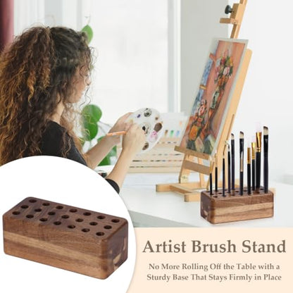21 Holes Paint Brush Storage Organizer Wooden Paint Brush Holder Stand for Art Brushes Artist Brush Holder for Office Desk Craft Tool Holder 5.9 × 2.8 × 2.2 In