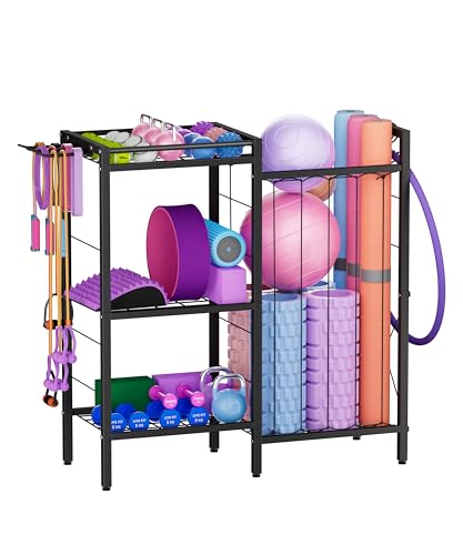 3 Tiers Dumbbells Yoga Mat Storage Rack with Elastic Straps for Kettlebells Foam Roller Resistance Bands Balls, Workout Equipment Organizer Weight Storage Holder with Hooks for Home Gym - color: Black