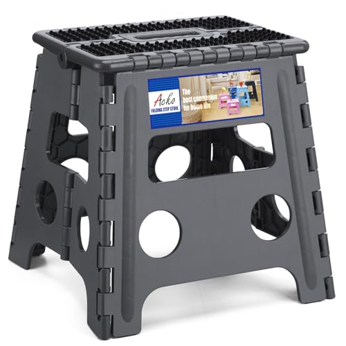ACKO 13" Folding Step Stool, Non-Slip Surface for Adults & Kids, Dot Gray | Collapsible Heavy Duty Foldable Stools, Portable Foot Stepping Stool Holds 300 lbs, Kitchen Bathroom Outdoor, with Handle - color: Dot Grey, size: 13 Inch