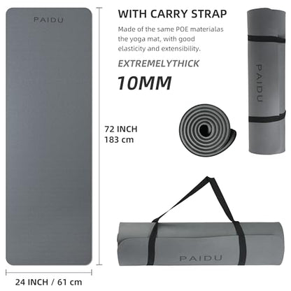 PAIDU POE Yoga Mat （10mm）Extra Thick Fitness Mat 72"x24" with Carry Strap | Non-slip, tear-resistant and suitable for all ages, perfect for yoga, Pilates, home gym and full-body workouts. - color: Grey+Black.