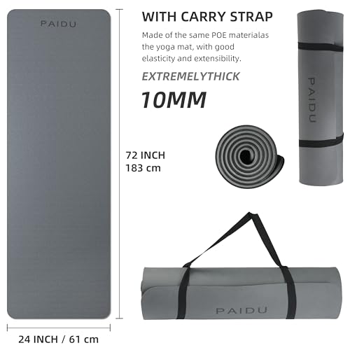 PAIDU POE Yoga Mat （10mm）Extra Thick Fitness Mat 72"x24" with Carry Strap | Non-slip, tear-resistant and suitable for all ages, perfect for yoga, Pilates, home gym and full-body workouts. - color: Grey+Black.