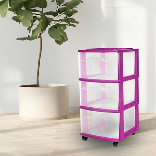 HOMZ 2-Pack Drawer Tower, 3-Tier Clear Plastic Storage Organizer Cart, Purple Frame - Organizing Containers with Wheels for Home, Bathroom, Bedroom, Office, and Classroom - color: Purple, size: 2 Pack