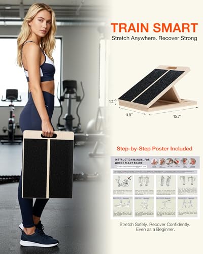 Frylr Portable Wooden Slant Board for Calf Stretching and Exercise, Adjustable Incline Wedge for Squats and Balance