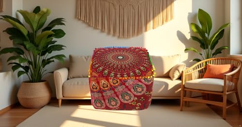 CRAFT KALA Large Hippie Mandala Meditation Floor Ottoman Pillow Cushion Pouf Cover Square Poufs Cover Bohemian Circle Floor Cushion Case Outdoor Fireplace Living Room Decor 20X20X14 inches, Red Mirchi - color: Red Mirchi, size: 20x20x14 inches