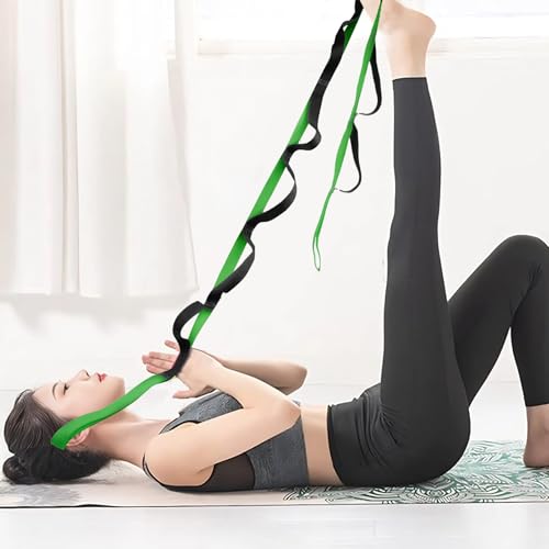 10 Loop Yoga Stretching Strap for Physical Therapy - Non-Elastic Exercise Band for Pilates, Yoga, Stretching for Women & Men - color: Green+Black