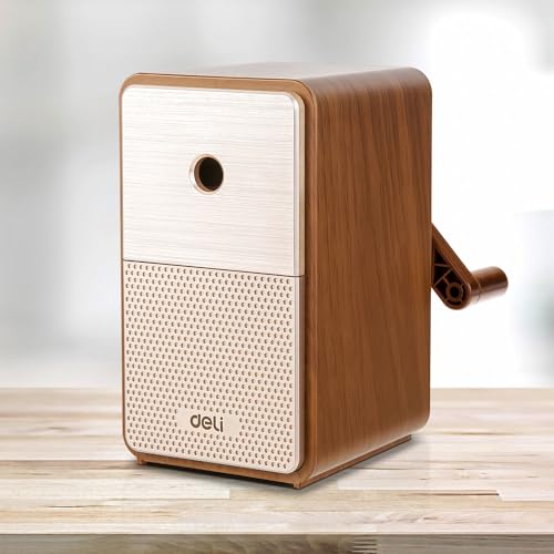 Deli Manual Pencil Sharpene, Brown | Auto-in Hand Crank Pencil Sharpener with Adjustable Point for Colored Pencils, Students, Kids, Classroom, Home, Office - color: A-brown