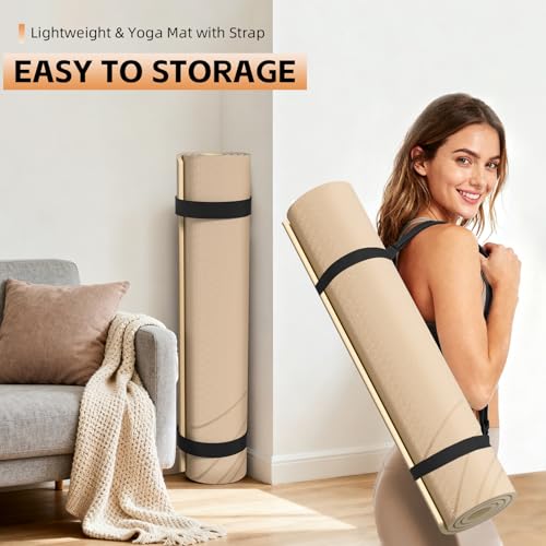 Large Yoga Mat Thick, 76"x32"x0.31"Wide POE Exercise Mat with Non-Slip Surface & Carry Strap, Anti-Tear Workout Mat for Yoga, Pilates, Fitness - color: Coffee Cream
