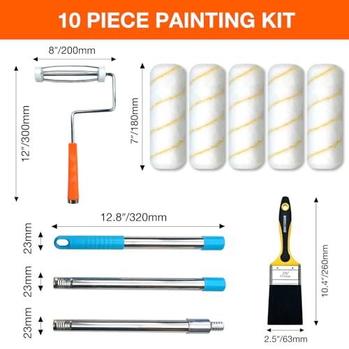 King Origin Paint Roller Kit with Extension Pole (4 ft), 10 PCS | 7" Paint Roller Covers, Roller Frame, Paint Brush, House Paint Supplies for Painting Walls, Home Interior - color: 7" Rollers, 10-Pack