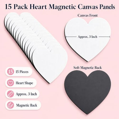 Small Canvases Boards 15 Pack Heart Shape 3 Inch Paintable Fridge Magnets | 15 Pack paintable heart canvases with magnetic backing for classroom crafts, party activities, fridge art, and handmade gifts - style: Heart-15 pcs