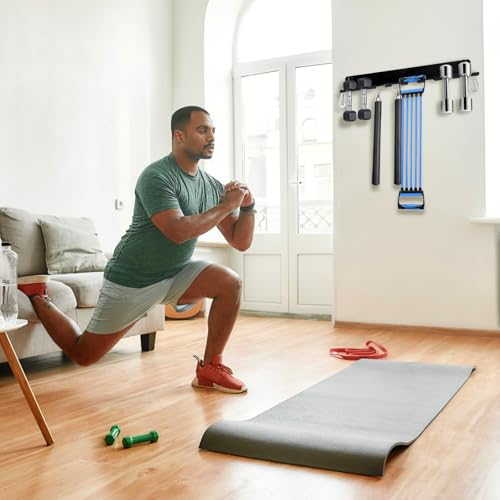 Tebery 9 Hook Home Gym Storage Rack Wall Mount, Fitness Equipment Organizer, Metal Gym Accessory Hanger for Exercise Bands, Jump Ropes, Barbells, Lifting Belts - size: 16.9''L x 4.5''W x 2''H