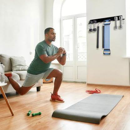 Tebery 9 Hook Home Gym Storage Rack Wall Mount, Fitness Equipment Organizer, Metal Gym Accessory Hanger for Exercise Bands, Jump Ropes, Barbells, Lifting Belts - size: 16.9''L x 4.5''W x 2''H