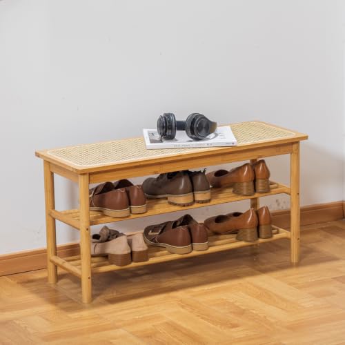 latifolia Shoe Rack Bench, 3-Tier Bamboo Shoe Bench with Breathable Rattan Seat Cushion, Shoe Storage Rack for Entryway(Nautre,31.50''L) - color: Nature, size: 31.50''L